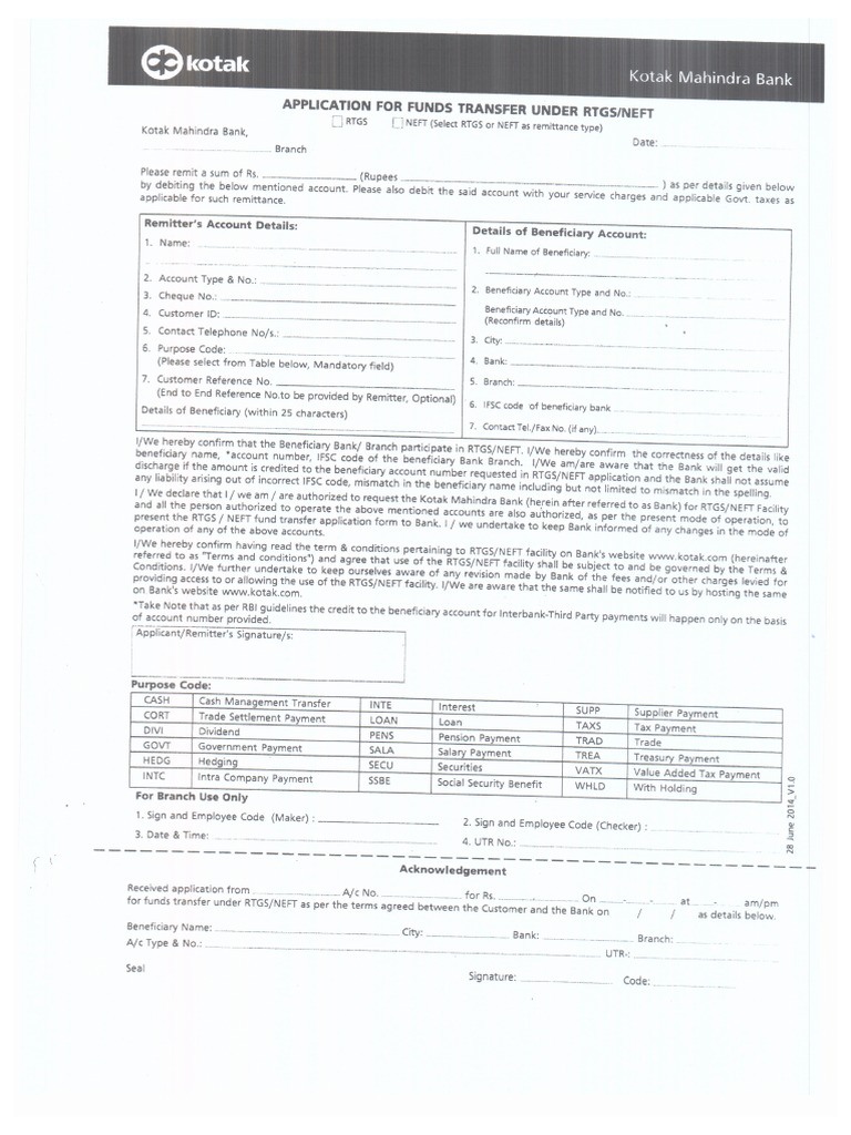 Kotak RTGS Form PDF PDF