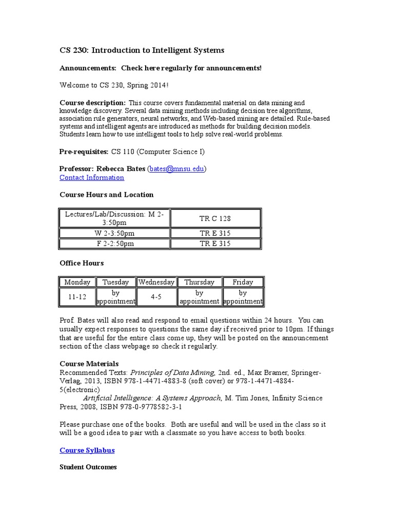 CS 230 Intelligent Systems Syllabus | PDF | Data Mining | Artificial ...
