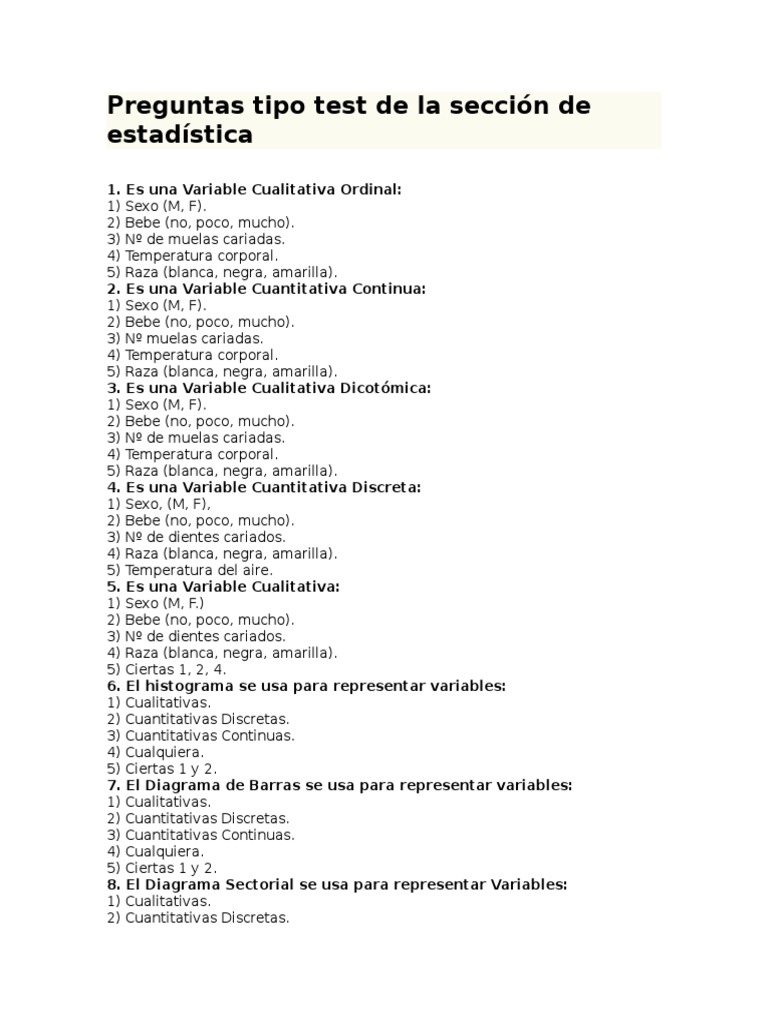 Preguntas Tipo Test de La Sección de Estadística Dispersión estadística Media