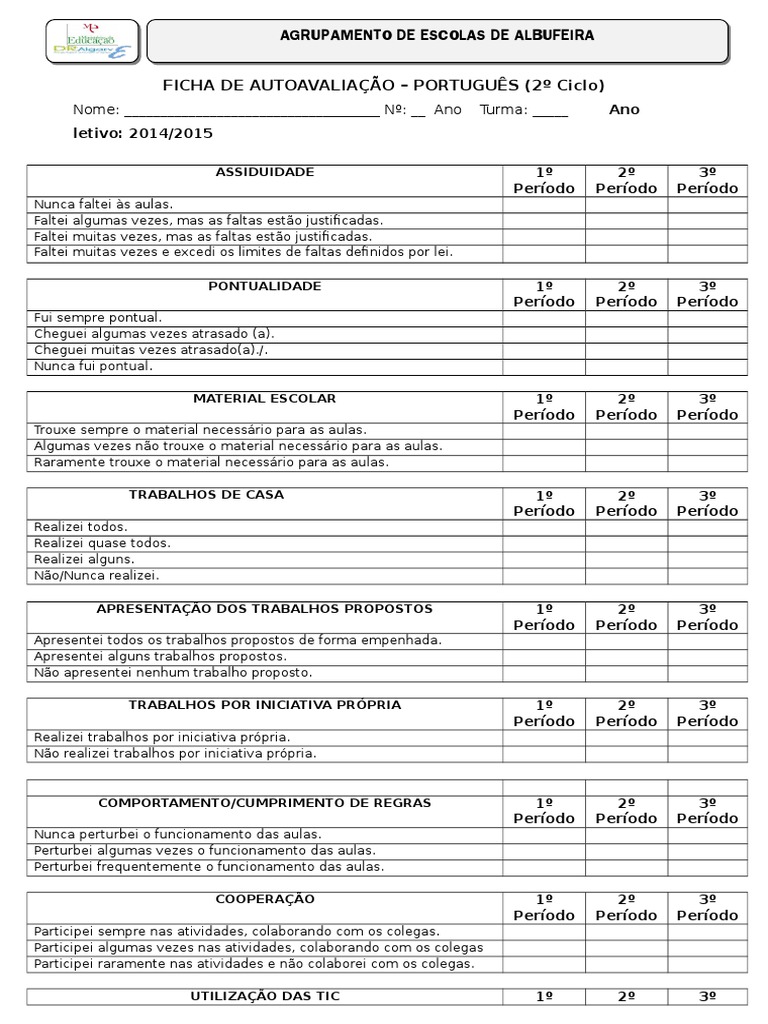 Ficha de Autoavaliação | PDF | Gramática