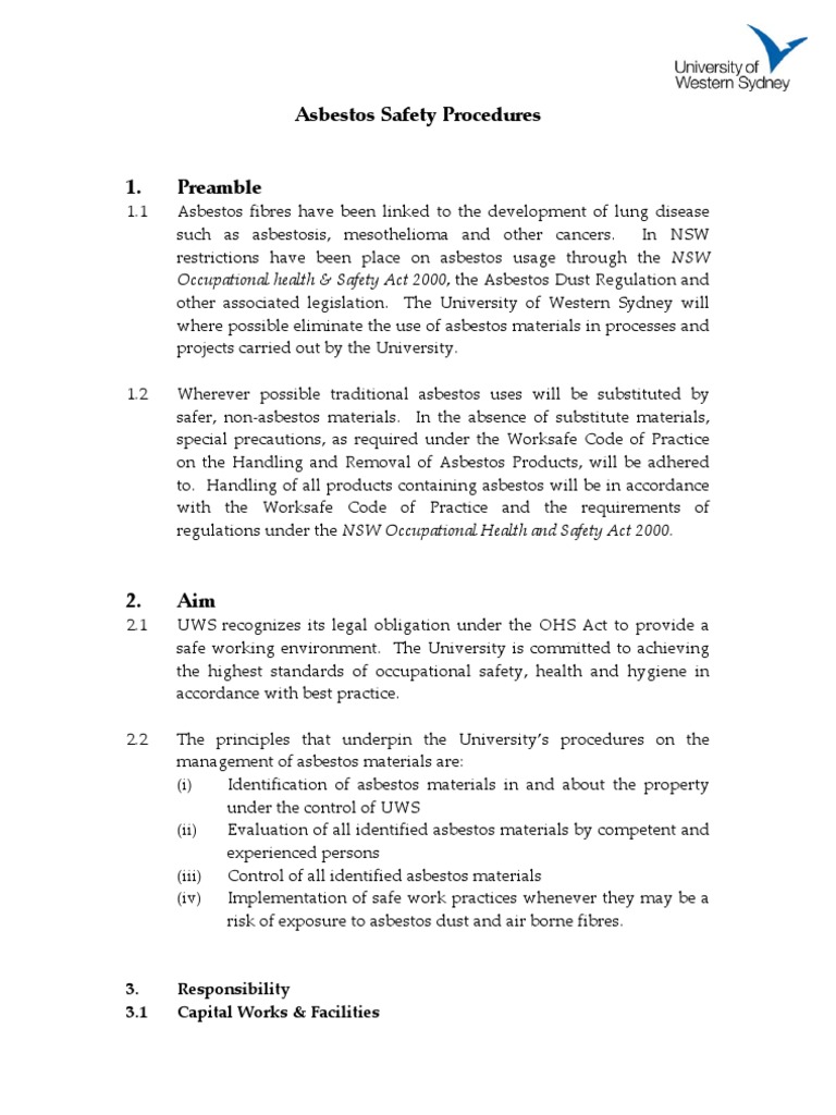 Asbestos Safety Procedure PDF Asbestos Occupational Safety And Health