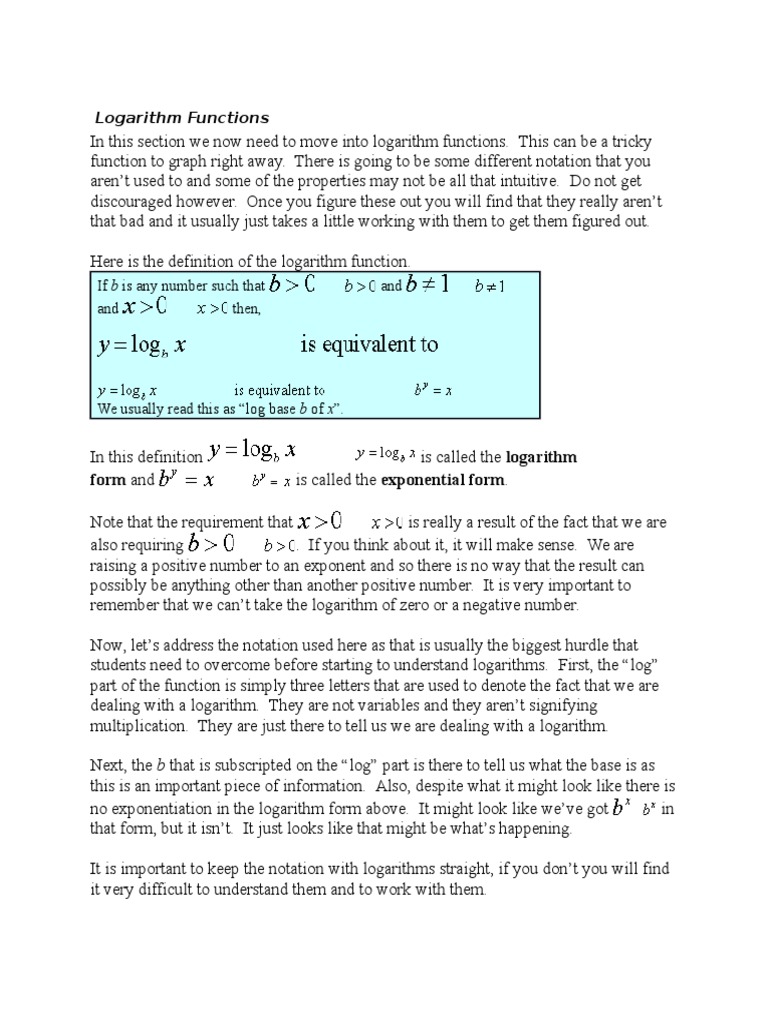 Logarithm Functions: If B Is Any Number Such That and and Then | PDF