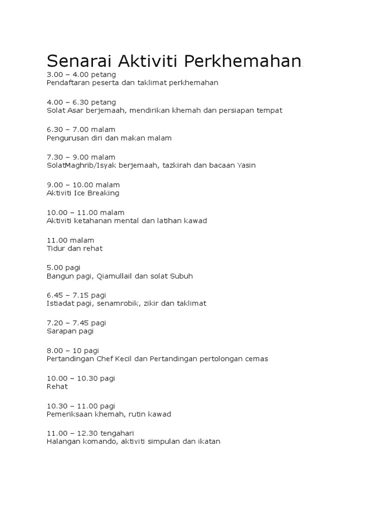 Senarai Aktiviti Perkhemahan Pdf