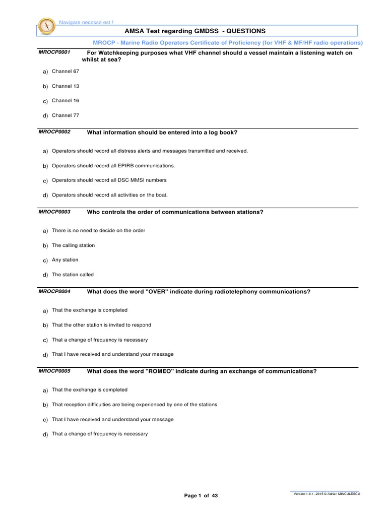 Maritime Test Regarding GMDSS (Questions & Answers) PDF