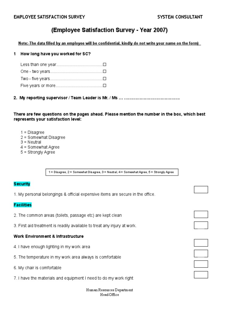Employment Employee Satisfaction Survey Satisfaction Form 185 | PDF ...