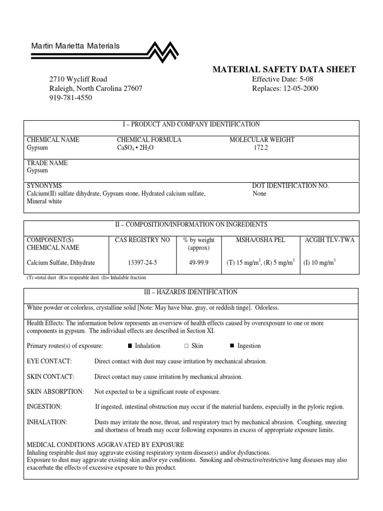 MSDS Gypsum PDF Gypsum Occupational Safety And Health Administration