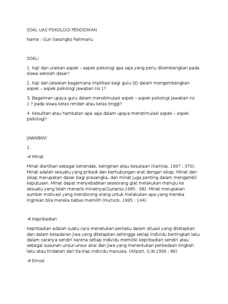 Soal Uas Psikologi Pendidikan