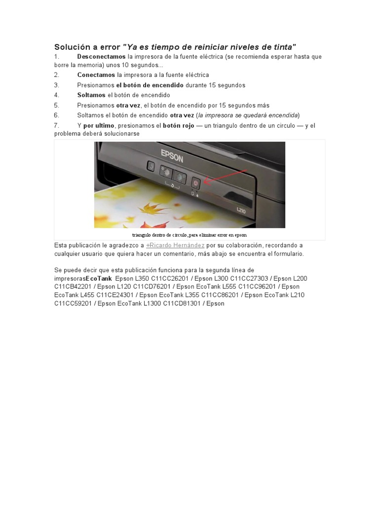 Solución A Error Epson L 210 | PDF | Impresora (Computación) | Informática  y tecnología de la información