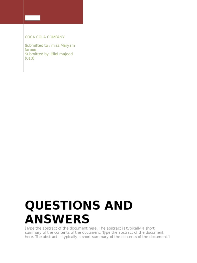 Questions and Answers Coca Cola Company Submitted To Miss Maryam