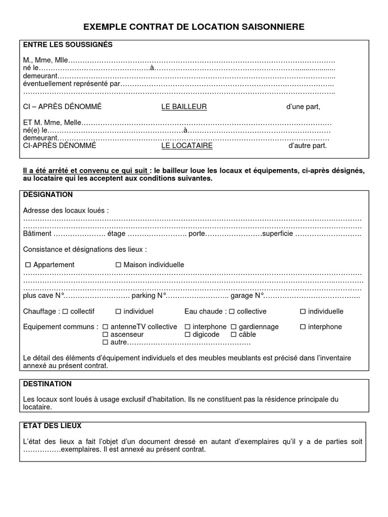 Contrat De Location Saisonnière Simplifié Gratuit A Imprimer Pdf