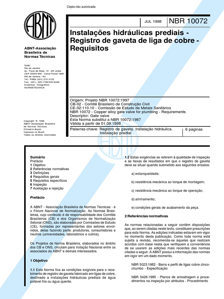 NBR 10072 - 1998 - Instalações Hidráulicas Prediais | PDF | Fundição ...