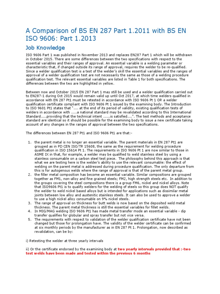 Comparison of ISO 9606 and EN 287-1 | PDF | Welding | Construction