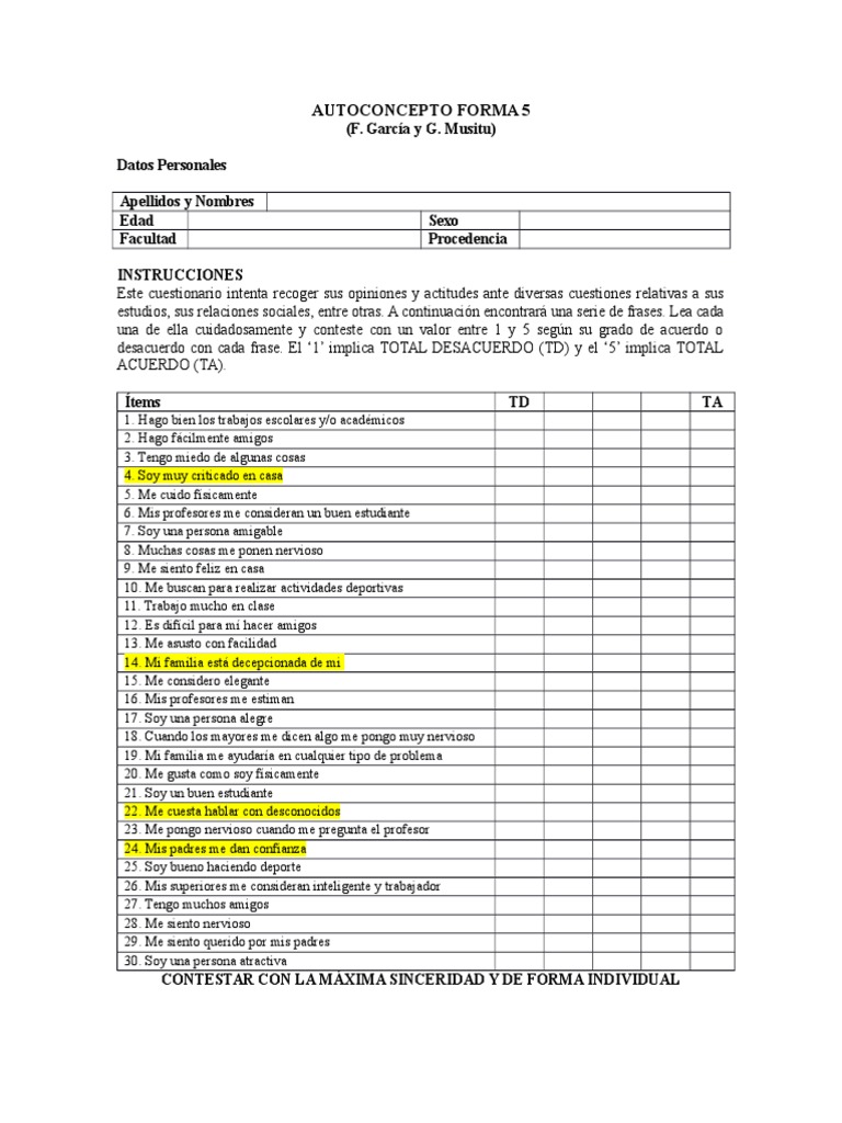 Autoconcepto Forma 5 - Protocolo | PDF