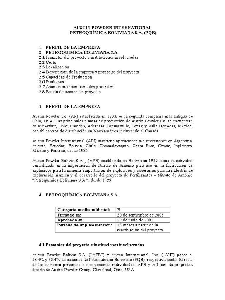 Austin Powder y Petroquímica Bolivia S.A. | PDF | Fertilizante | Bolivia