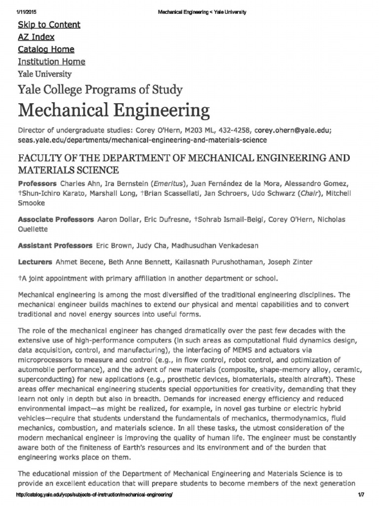 Mechanical Engineering Yale University PDF Mechanical Engineering