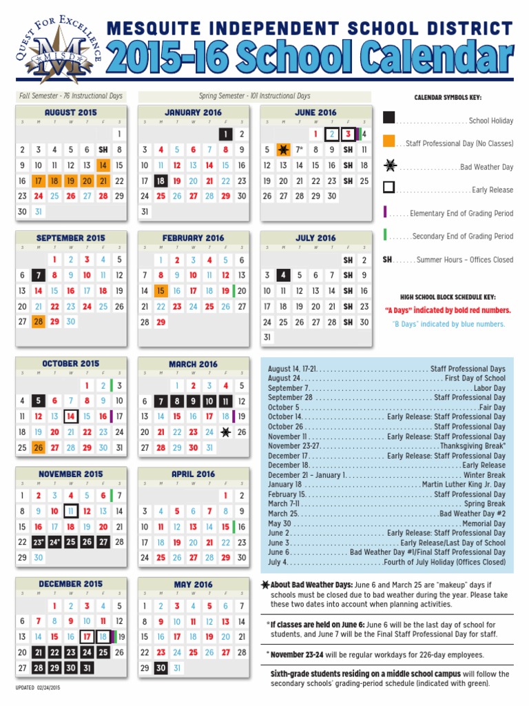 mesquite calendar | Academic Term | Schools