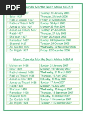 Islamic Calendar Months South Africa 1427-1442AH | PDF | Life Of Muhammad |  Moon