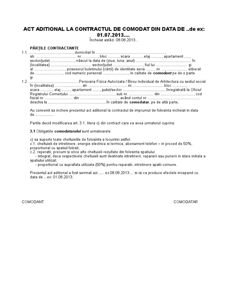Act Aditional La Contractul De Comodat