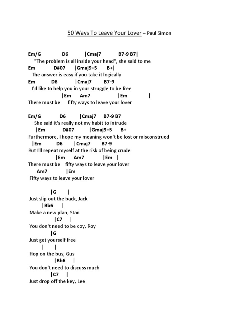 50 Ways To Leave Your Lover Emin Lyricsd & Changes PDF