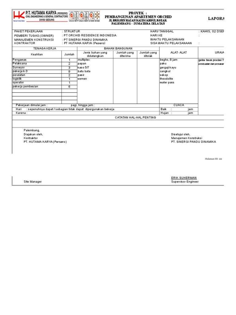 Form Laporan Harian proyek konstruksi