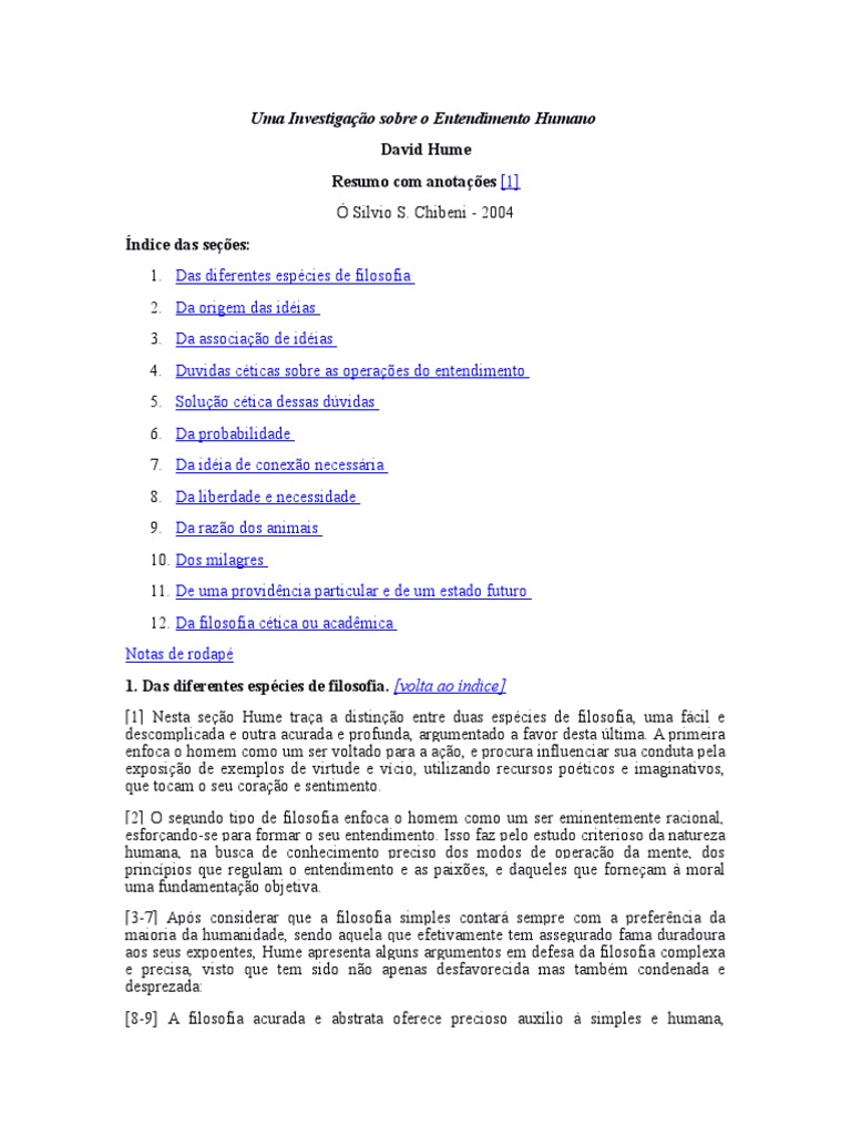 Resumo Uma Investigação Sobre o Entendimento Humano PDF David Hume Experimento