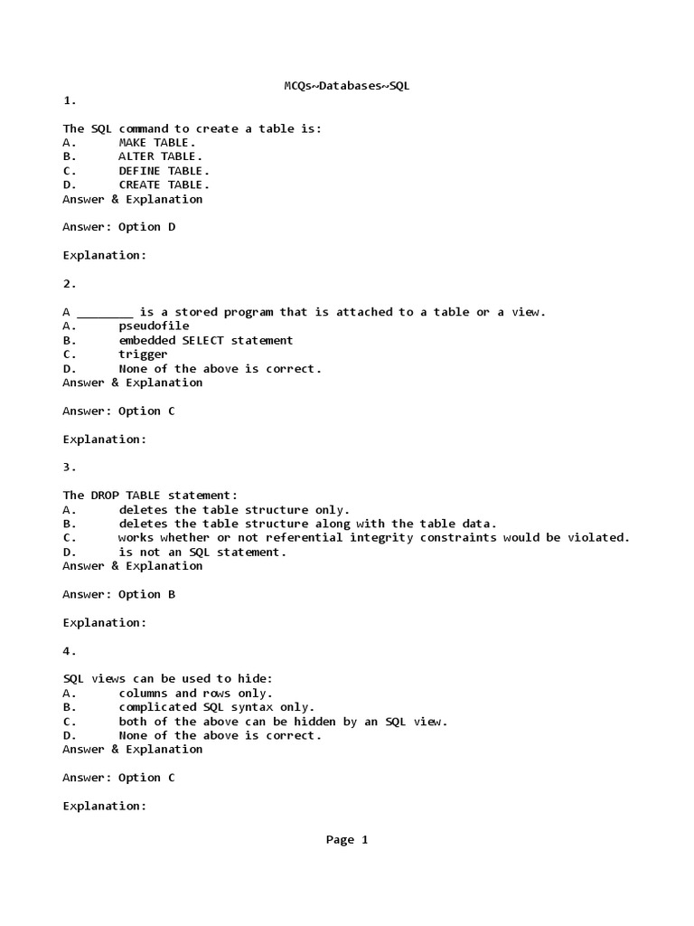 MCQs Databases SQL Notepad PDF Sql Table (Database)