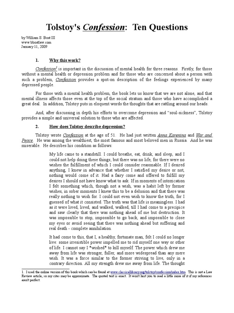 Tolstoy's Confession Ten Questions PDF Question Leo Tolstoy
