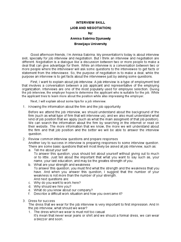 Job Interview and Negotiation Skills Guide | PDF | Job Interview ...