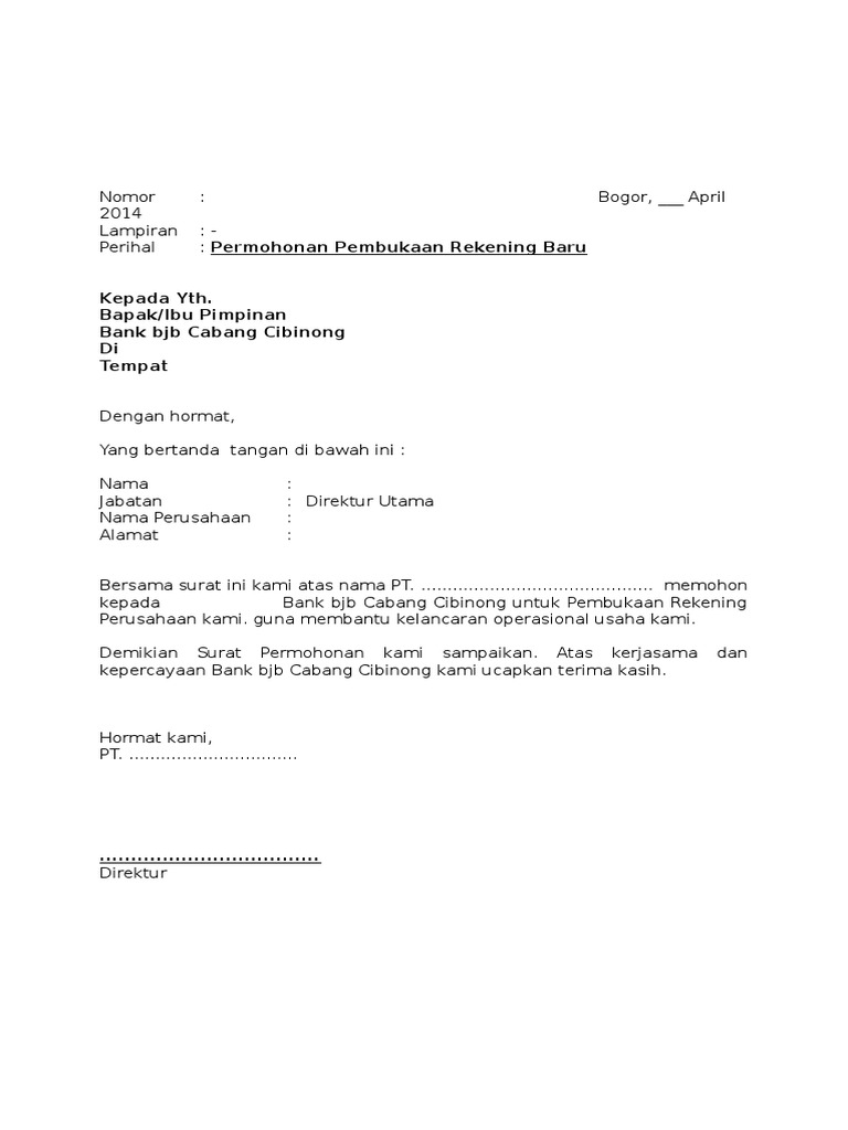 Contoh Permohonan Pembukaan Rekening Bank