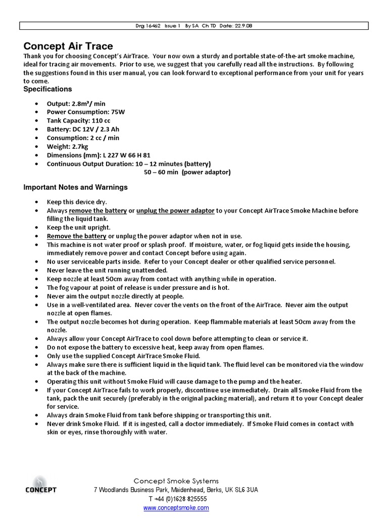 Concept AirTrace Smoke Machine Manual | PDF | Battery Charger | Battery ...