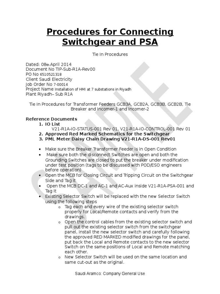 Switchgear Connection Procedures | PDF | Relay | Switch