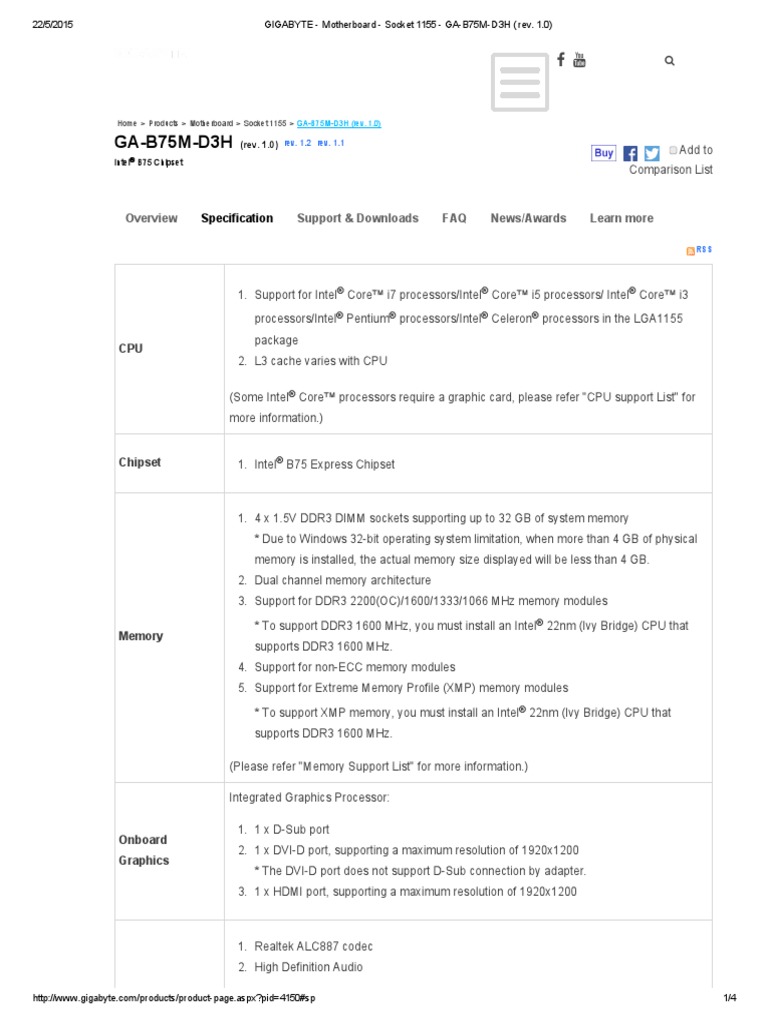 Gigabyte Motherboard Socket 1155 Ga 5m D3h Rev 1 Personal Computers Usb