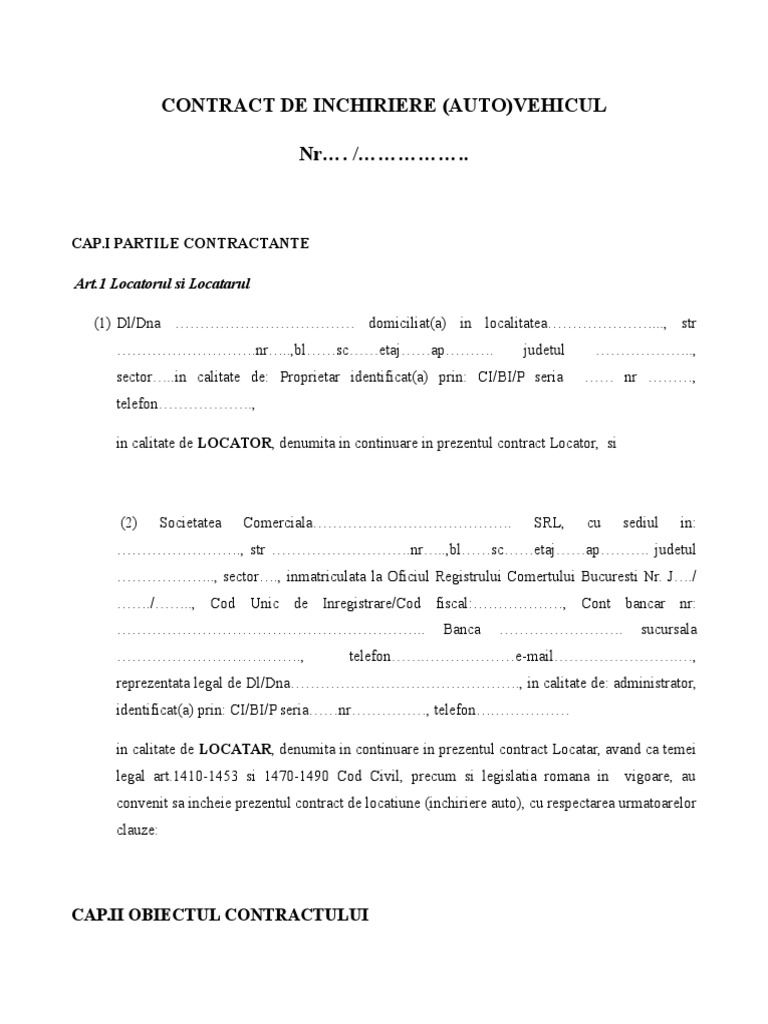 Contract de Inchiriere Autovehicul