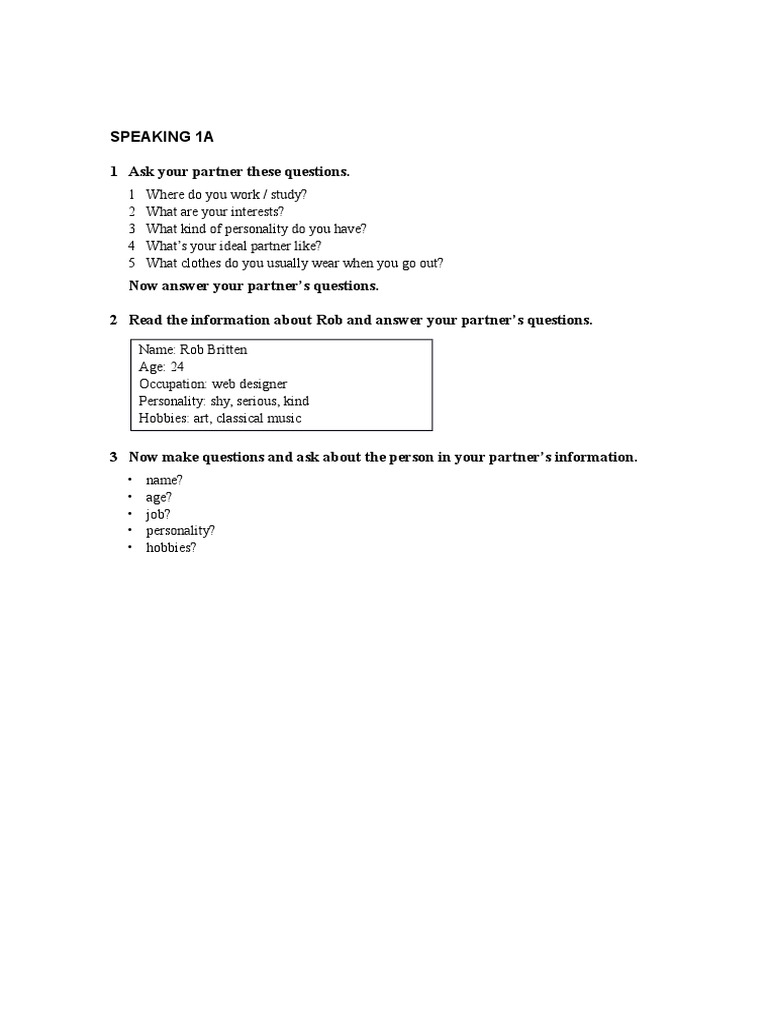 Speaking 1A 1 Ask Your Partner These Questions | PDF