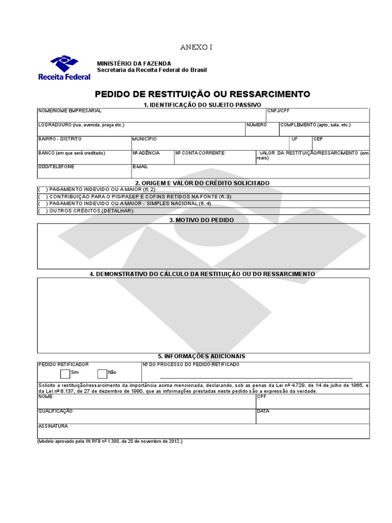 Modelo Requerimento Restituição - RECEITA | Imposto de Renda | Brasil