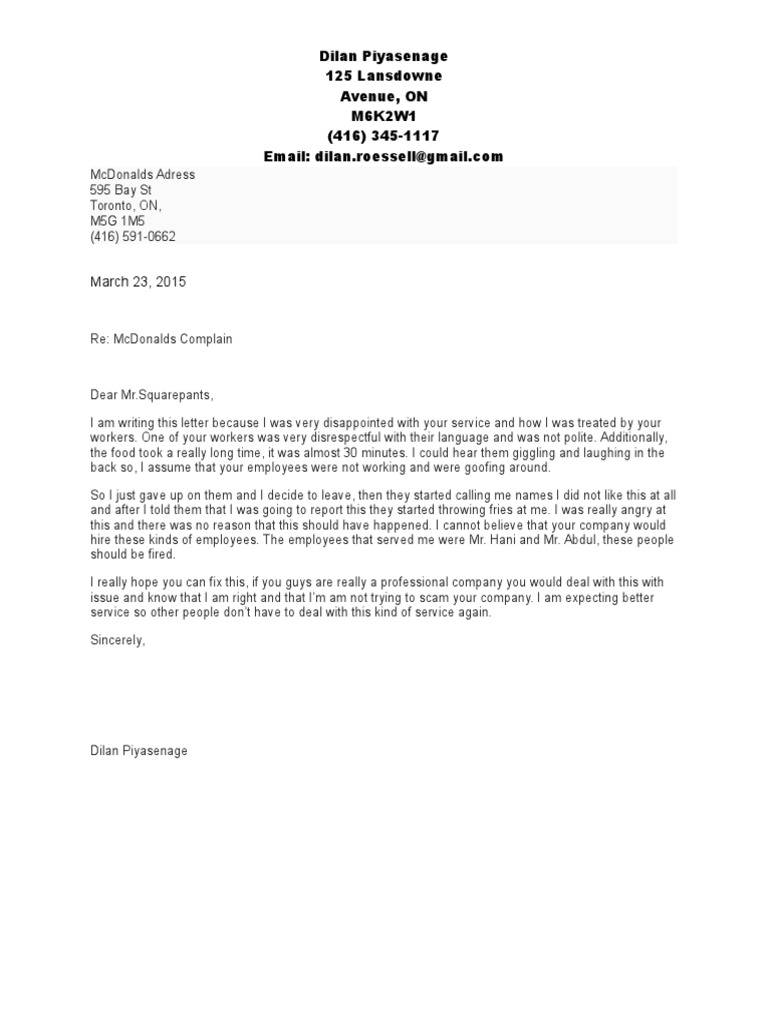 McDonald's Service Complaint Letter | PDF
