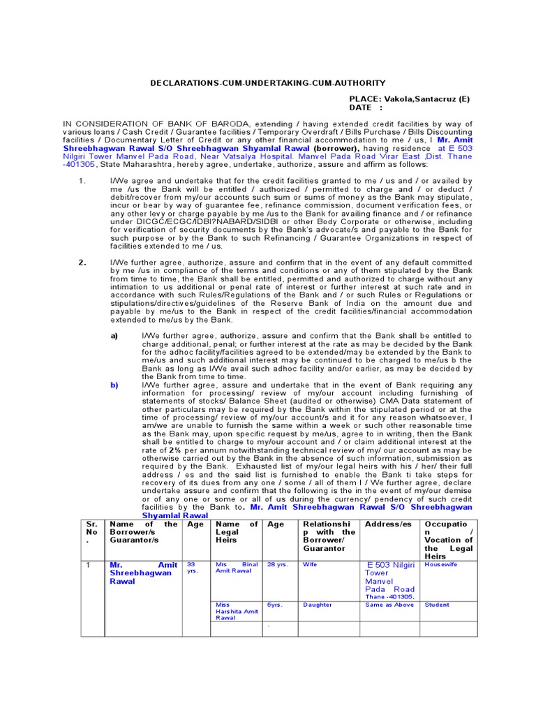 Declaration Cum Undertaking Cum Authority Amit | PDF | Credit (Finance ...