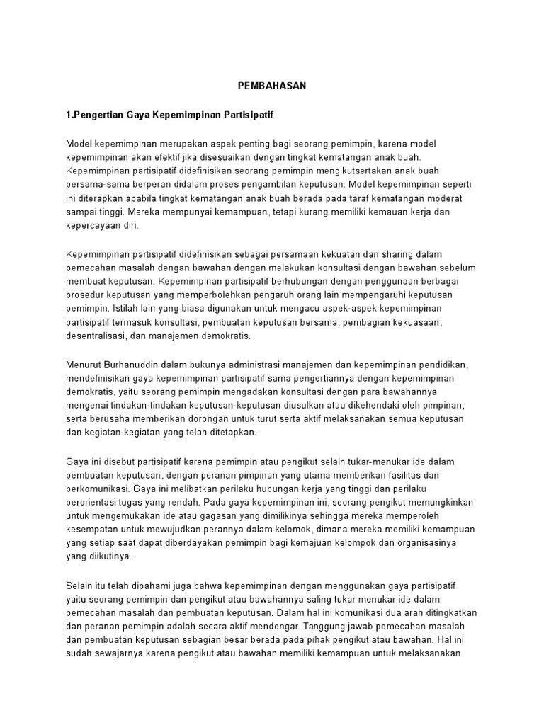 Pengertian Gaya Kepemimpinan Partisipatif Penyertaan