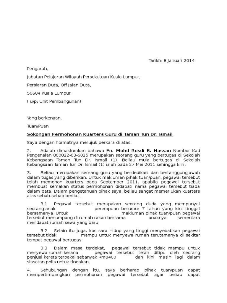 Surat Sokongan Kuarters Pdf