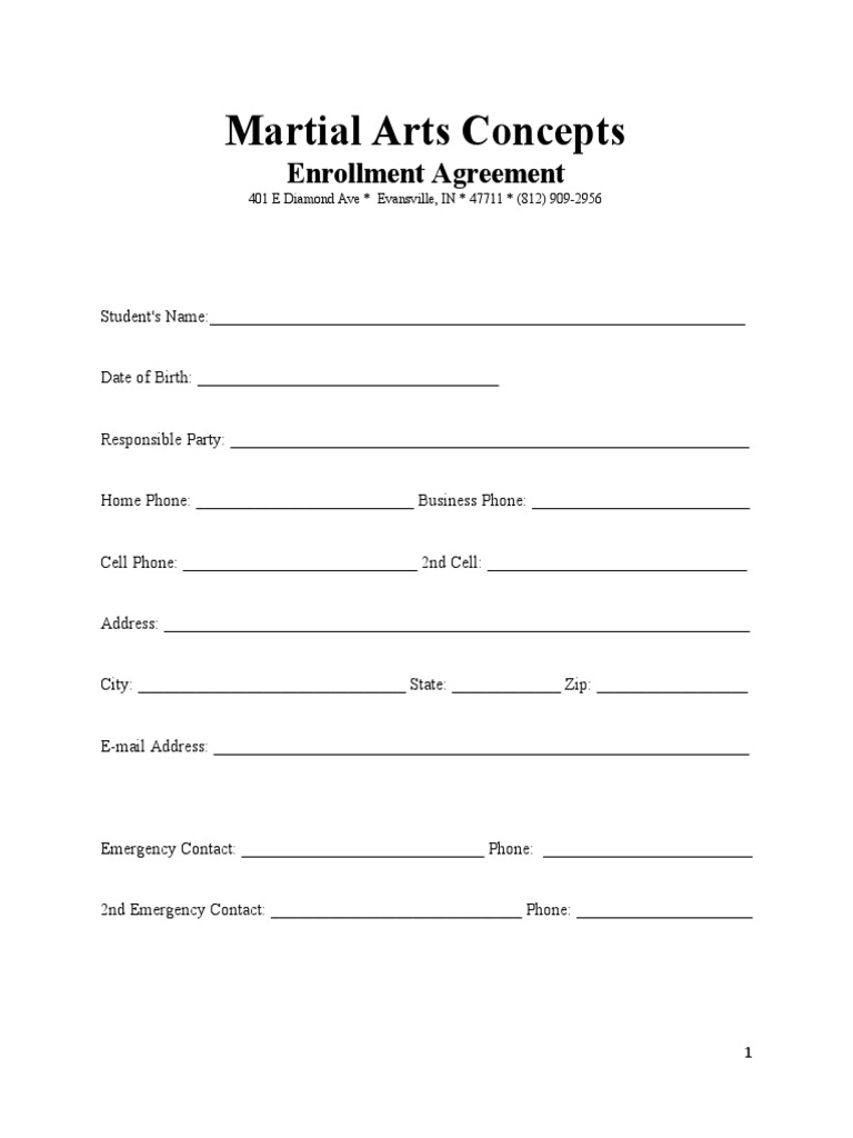 Martial Arts Concepts Enrollment Agreement PDF Fee Business