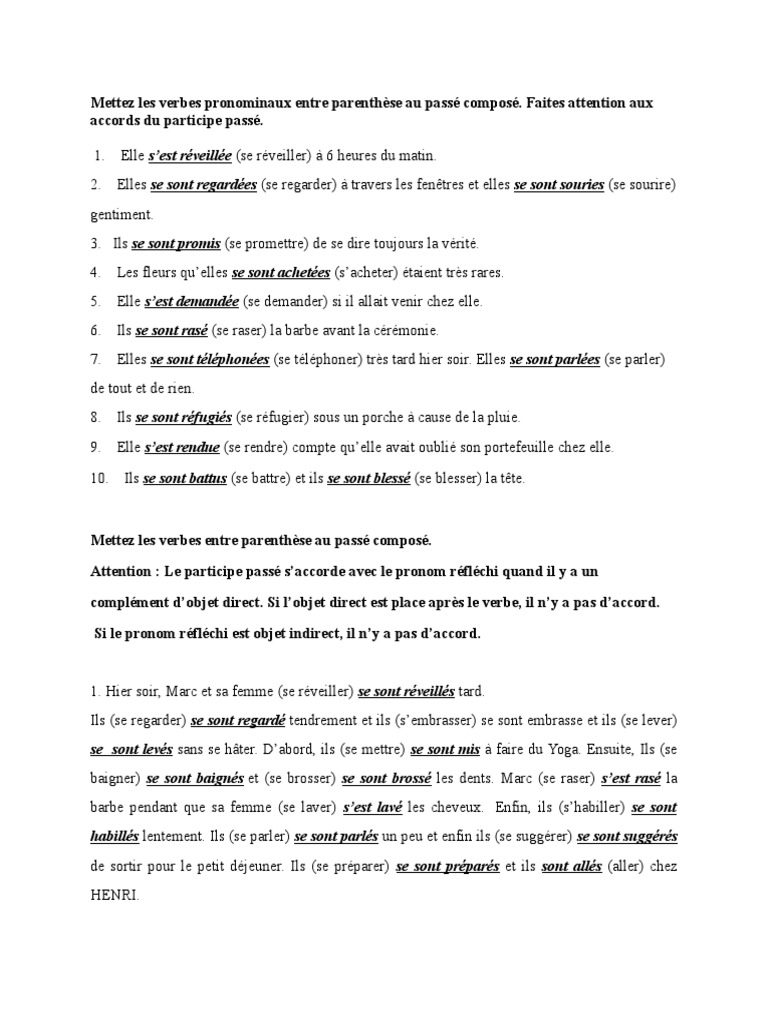 Les Verbes Pronominaux Exercices Corrigés Verbes Pronominaux Au Passé Composé Accord | PDF | Pronom | Grammaire
