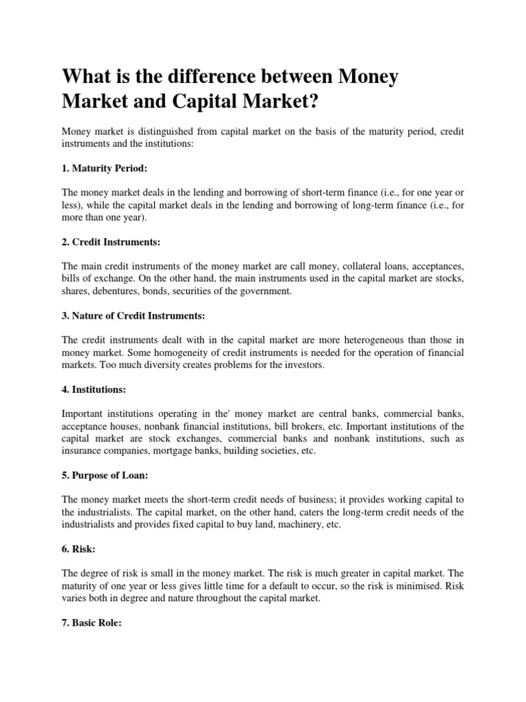 Difference Between Money Market and Capital Market PDF