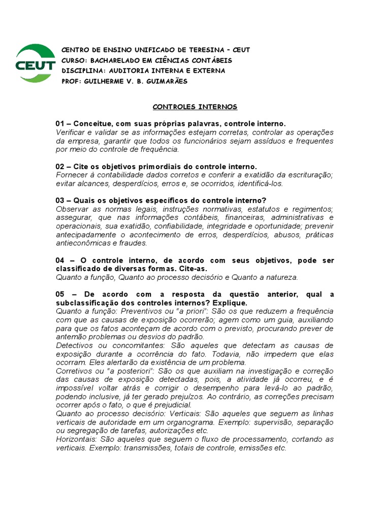 Objetivos e Classificação do Controle Interno | PDF | Auditoria interna ...