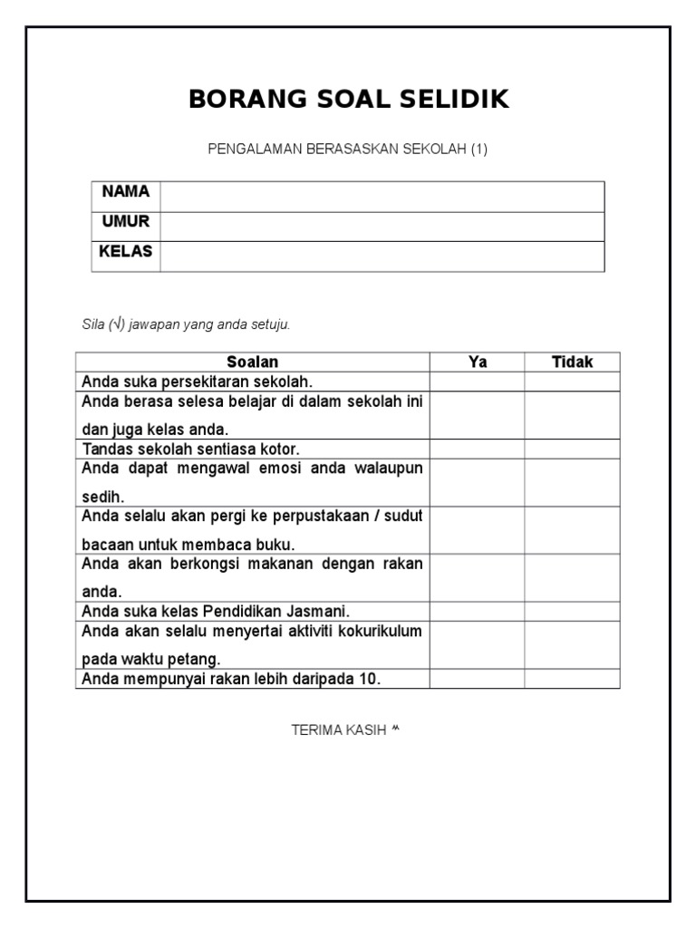 Contoh Borang Soal Selidik Pengalaman