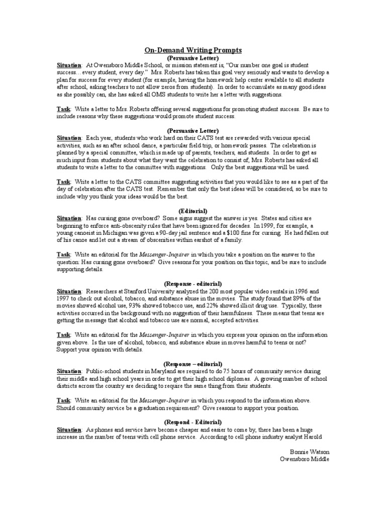Sample Middle School On-Demand Prompts  PDF  Adolescence