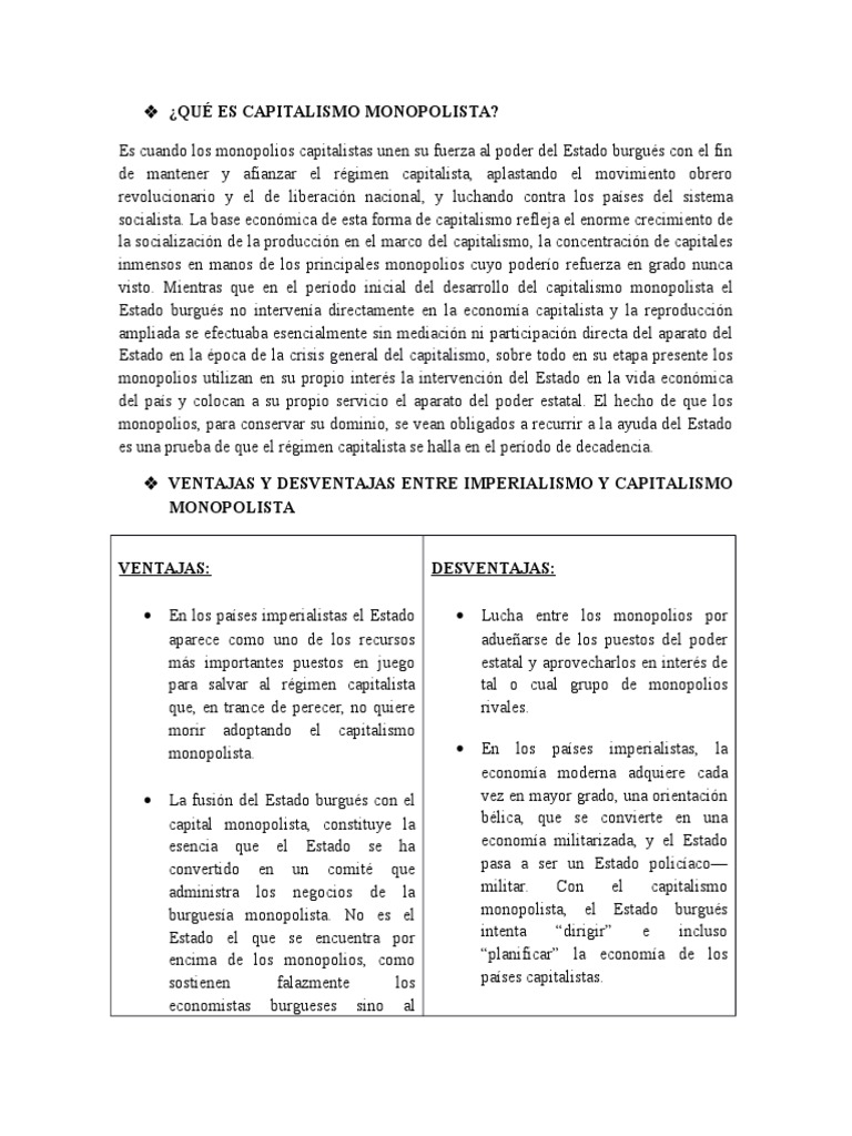 Que Es El Capitalismo Monopolista, Ventajas y Desventajas | PDF ...