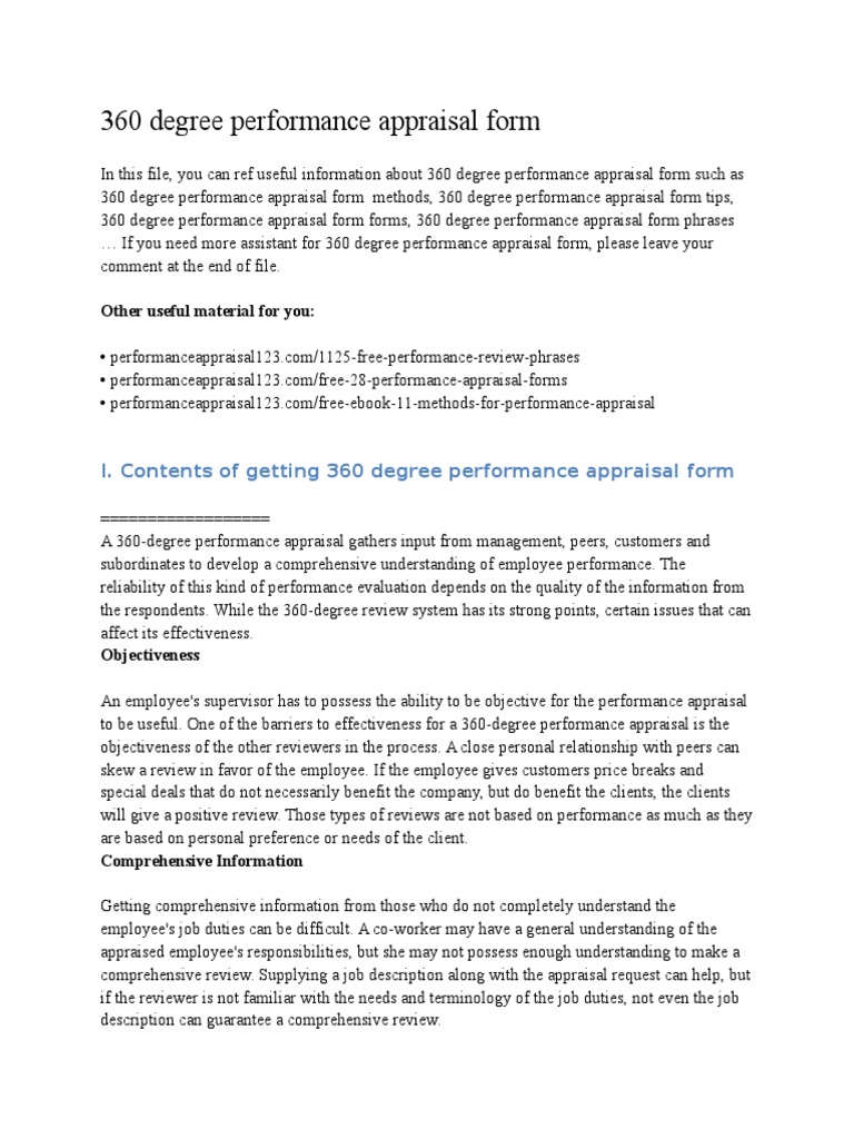 360 Degree Performance Appraisal Form | PDF | Performance Appraisal ...