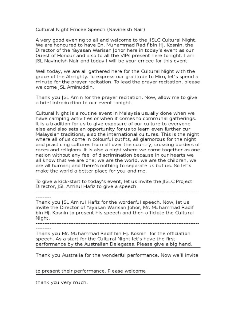 Cultural Night Emcee Speech Pdf