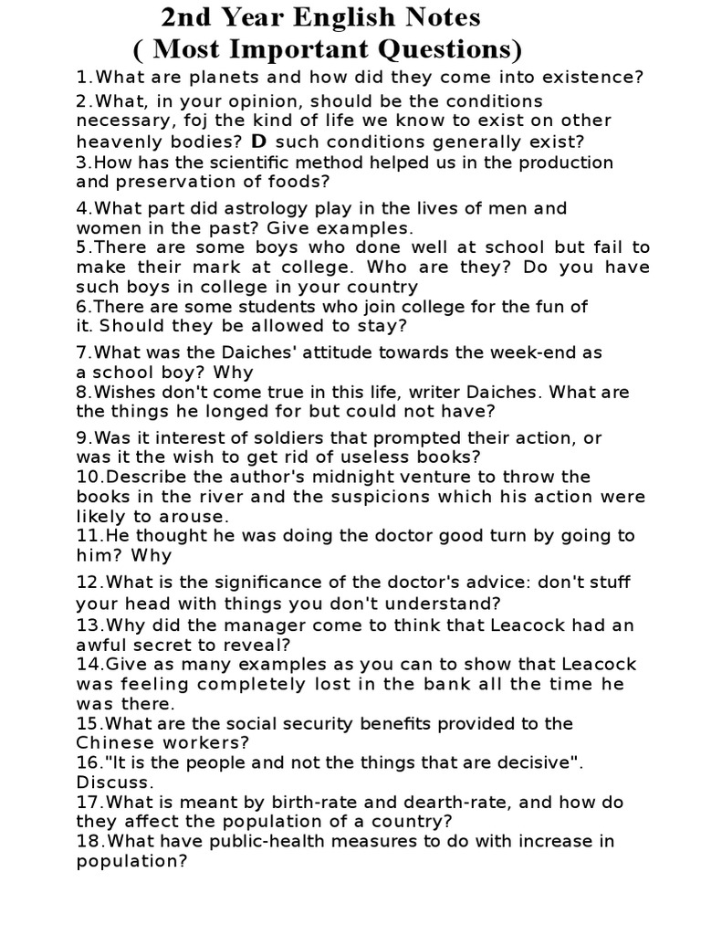 2nd Year English Notes Most Important Questions Pdf