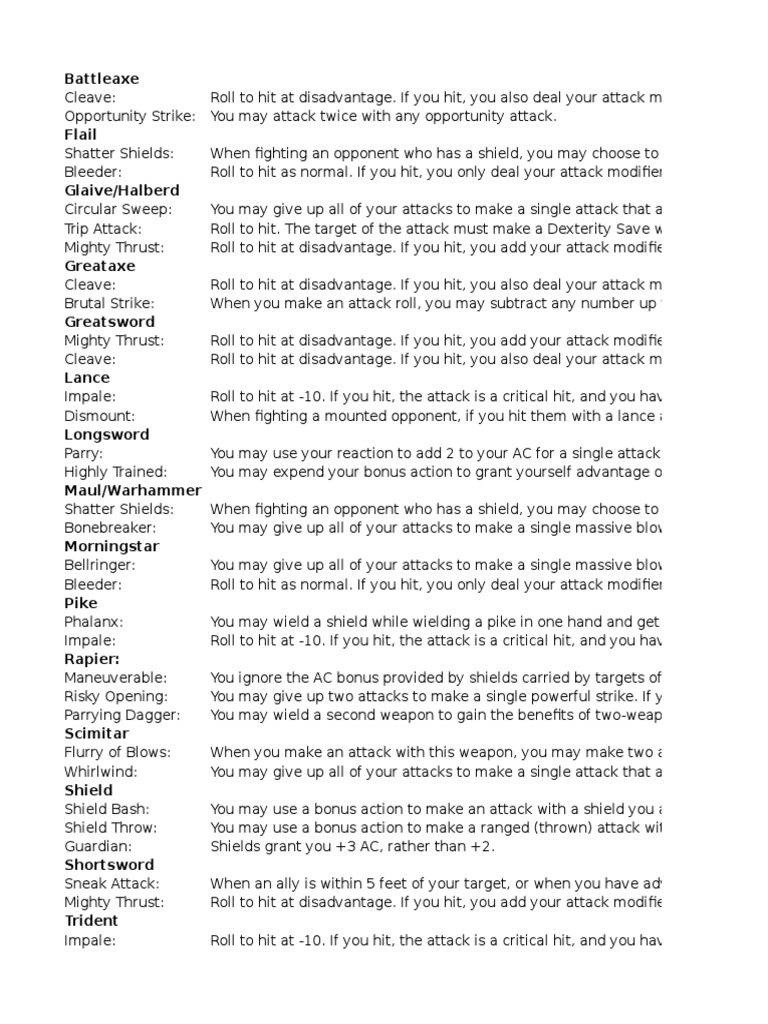 Martial Weapon Strike Patterns DND 5e PDF Melee Weapons Blade Weapons